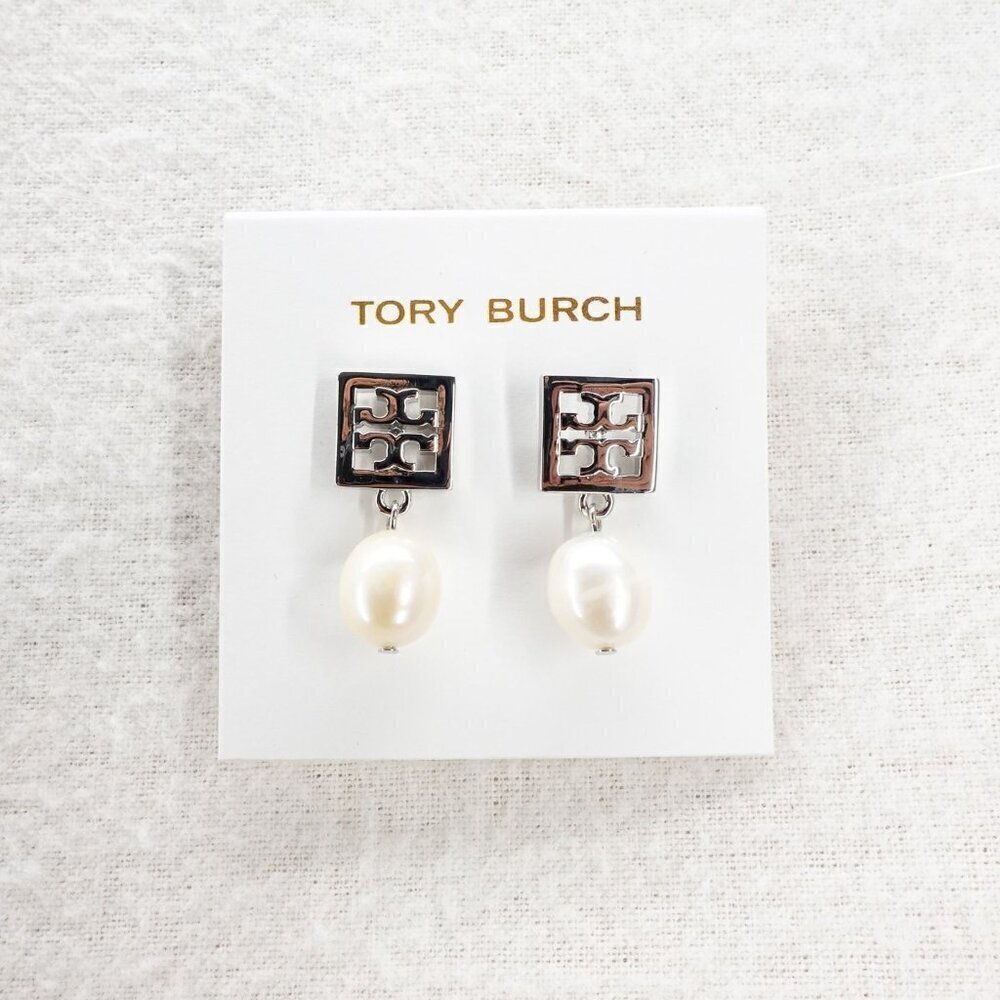 Tory Burch Square Logo Pearl Drop Earrings Silver OS